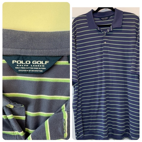 Polo Ralph Lauren Men's XL Golf Polo Shirt‎ Blue/Green Striped, 100% Pima Cotton - Picture 1 of 8